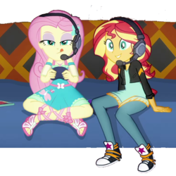 Size: 601x600 | Tagged: dead source, safe, artist:php77, edit, edited screencap, editor:php77, screencap, fluttershy, sunset shimmer, equestria girls, g4, game stream, my little pony equestria girls: better together, background removed, converse, gamer sunset, gamershy, geode of fauna, headphones, headset, magical geodes, not a vector, shoes, sneakers, tongue out