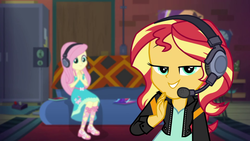 Size: 1920x1080 | Tagged: safe, screencap, fluttershy, sunset shimmer, equestria girls, g4, game stream, my little pony equestria girls: better together, female, gamer sunset, gamershy, headphones, sunset's apartment