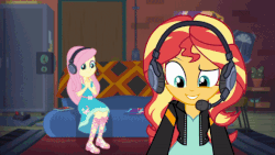 Size: 720x405 | Tagged: safe, edit, edited screencap, screencap, fluttershy, sunset shimmer, equestria girls, g4, game stream, my little pony equestria girls: better together, animated, controller, converse, female, headphones, headset, shoes, smiling, sneakers, text, unsuspecting