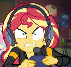 Size: 1150x1080 | Tagged: safe, screencap, sunset shimmer, equestria girls, g4, game stream, my little pony equestria girls: better together, angry, cropped, cute, gamer sunset, headphones, madorable, rageset shimmer, shimmerbetes, shrunken pupils