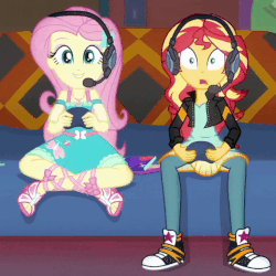 Size: 704x704 | Tagged: safe, screencap, fluttershy, sunset shimmer, equestria girls, g4, game stream, my little pony equestria girls: better together, animated, converse, cropped, cute, female, gamer sunset, gamershy, geode of fauna, gif, giggling, headphones, magical geodes, pun in the tags, shimmy, shoes, shyabetes, sneakers, stunned
