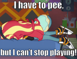 Size: 600x463 | Tagged: safe, edit, edited screencap, screencap, sunset shimmer, equestria girls, g4, game stream, my little pony equestria girls: better together, animated, caption, cropped, face down ass up, female, gamer sunset, headphones, headset, image macro, impact font, loop, need to pee, potty emergency, potty time, rage, solo, text