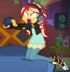 Size: 788x819 | Tagged: safe, screencap, sunset shimmer, equestria girls, g4, game stream, my little pony equestria girls: better together, converse, cropped, female, gamer sunset, headphones, headset, rageset shimmer, shoes, shrunken pupils, sneakers, solo