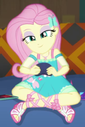 Size: 321x481 | Tagged: safe, screencap, fluttershy, equestria girls, g4, game stream, my little pony equestria girls: better together, animation error, cropped, cute, female, fluttershy boho dress, gamershy, geode of fauna, magical geodes, shyabetes