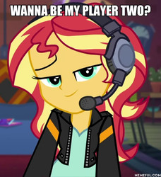 Size: 600x659 | Tagged: safe, edit, edited screencap, screencap, sunset shimmer, equestria girls, g4, game stream, my little pony equestria girls: better together, bedroom eyes, bronybait, caption, female, flirting, gamer sunset, headphones, headset, image macro, impact font, looking at you, meme, memeful.com, solo, stupid sexy sunset shimmer, text