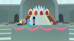 Size: 1920x1080 | Tagged: safe, oc, oc:ashley (loe), oc:berry shade, oc:blue cloud, oc:even tide, oc:lens flare (loe), oc:midnight (loe), oc:prince phantom, pony, legends of equestria, banner, blossom dress, carpet, ceremony, clothes, costume, crystal, crystal empire, crystal kingdom, crystal stadium, door, equestria winter games, equestria winter games 2019, event, game, game screencap, mmorpg, skeleton costume, snow, snowflake, stairs, stands, throne, tribune, video game