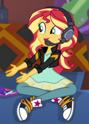 Size: 455x631 | Tagged: safe, screencap, sunset shimmer, equestria girls, g4, game stream, my little pony equestria girls: better together, converse, cropped, female, gamer sunset, headphones, headset, shoes, sneakers, solo