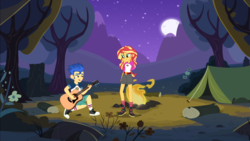 Size: 1920x1080 | Tagged: safe, artist:anhel032015, artist:scootaloo24, artist:swiftgaiathebrony, flash sentry, sunset shimmer, equestria girls, g4, campfire, female, forest, guitar, male, moon, night, ship:flashimmer, shipping, straight, tent