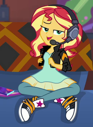 Size: 464x630 | Tagged: safe, screencap, sunset shimmer, equestria girls, g4, game stream, my little pony equestria girls: better together, converse, cropped, gamer sunset, headphones, shoes, sneakers