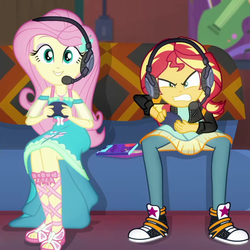Size: 789x789 | Tagged: safe, screencap, fluttershy, sunset shimmer, equestria girls, g4, game stream, my little pony equestria girls: better together, angry, converse, cropped, female, fluttershy boho dress, gamer sunset, gamershy, geode of fauna, headphones, magical geodes, shoes, sneakers