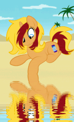 Size: 600x989 | Tagged: safe, artist:lannielona, oc, oc only, oc:lava lamp, pony, unicorn, animated, cloud, curious, desert, female, gif, looking down, mare, ocean, palm tree, pond, reflection, sand, show accurate, sky, solo, swimming pool, tree, water