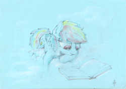 Size: 2332x1646 | Tagged: safe, artist:alexandrvirus, rainbow dash, pegasus, pony, g4, book, cloud, female, folded wings, mare, prone, reading, solo, three quarter view, traditional art, wings