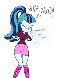 Size: 789x1012 | Tagged: safe, artist:anyponedrawn, sonata dusk, equestria girls, g4, blushing, boots, breasts, cleavage, clothes, cute, female, miniskirt, mucus, nostrils, ponytail, shoes, skirt, sneeze cloud, sneezing, socks, spit, spray