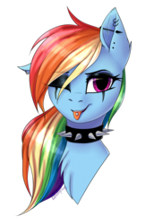 Size: 1884x2908 | Tagged: safe, artist:deltahedgehog, rainbow dash, pegasus, pony, g4, chest fluff, collar, ear fluff, ear piercing, eyebrows, eyebrows visible through hair, eyeshadow, female, looking at you, makeup, mare, one eye closed, piercing, signature, simple background, solo, spiked collar, tongue piercing, transparent background