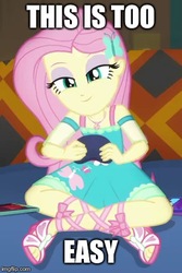 Size: 321x481 | Tagged: safe, edit, edited screencap, screencap, fluttershy, equestria girls, g4, game stream, my little pony equestria girls: better together, caption, cute, gamershy, geode of fauna, image macro, imgflip, impact font, magical geodes, smiling, text