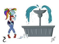 Size: 4000x3000 | Tagged: safe, artist:artfreak5, rainbow dash, equestria girls, g4, desperation, female, fountain, need to pee, omorashi, potty emergency, potty time, simple background, solo, transparent background, water fountain