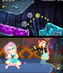 Size: 474x548 | Tagged: safe, edit, screencap, fluttershy, sunset shimmer, equestria girls, equestria girls series, g4, game stream, spoiler:eqg series (season 2), comparison, converse, gamer sunset, gamershy, geode of fauna, headphones, headset, luigi, luigishy, magical geodes, male, mario, meme, new super mario bros., new super mario bros. u deluxe, nintendo, nintendo switch, psycho gamer sunset, rageset shimmer, shoes, shrunken pupils, sneakers, sunset shimmer frustrated at game, super mario bros., toadette, trolling