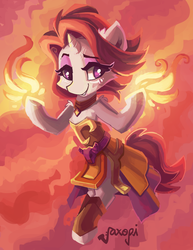 Size: 2153x2786 | Tagged: dead source, safe, artist:saxopi, oc, oc only, pony, unicorn, clothes, dota 2, female, fire, high res, lina, mare, ponified, smiling, solo