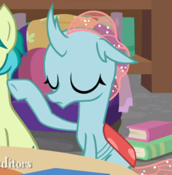 Size: 715x727 | Tagged: safe, screencap, ocellus, sandbar, changedling, changeling, earth pony, pony, g4, what lies beneath, book, bookshelf, cropped, eyes closed, female, male, offscreen character, solo focus, teenager