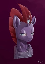 Size: 1080x1528 | Tagged: safe, artist:yunlongchen, tempest shadow, pony, unicorn, g4, broken horn, bust, eye scar, female, horn, lidded eyes, mare, portrait, scar, signature, simple background, solo, three quarter view