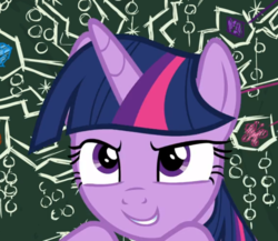 Size: 983x852 | Tagged: safe, screencap, twilight sparkle, alicorn, pony, g4, what lies beneath, chalkboard, cropped, evil smile, female, grin, smiling, solo, twilight sparkle (alicorn)