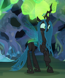 Size: 724x867 | Tagged: safe, screencap, ocellus, queen chrysalis, changedling, changeling, changeling queen, g4, what lies beneath, concave belly, cropped, disguise, disguised changeling, female, lanky, queen chrysellus, raised hoof, shocked, skinny, solo, tall, thin, wide eyes
