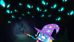 Size: 1440x810 | Tagged: safe, screencap, trixie, changeling, pony, unicorn, g4, to where and back again, changeling hive, clothes, eyes in the dark, female, handkerchief, hat, imminent pain, impending doom, mare, scared, trixie's hat, wizard hat