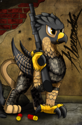 Size: 1558x2381 | Tagged: safe, artist:ruiont, oc, oc only, griffon, fallout equestria, claws, clothes, griffon oc, gun, male, shotgun, solo, weapon, wings