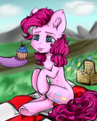Size: 2000x2500 | Tagged: safe, artist:generallegion, artist:zefirka, pinkie pie, earth pony, pony, g4, basket, collaboration, cupcake, female, food, high res, mare, picnic, picnic basket, picnic blanket, solo, tongue out