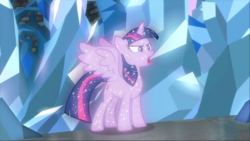 Size: 1667x938 | Tagged: safe, screencap, tree of harmony, alicorn, pony, g4, what lies beneath, concave belly, female, implied twilight sparkle, mare, open mouth, solo, spread wings, treelight sparkle, wings