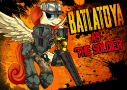 Size: 2182x1558 | Tagged: safe, artist:ruiont, oc, oc only, oc:batlatoya, pegasus, pony, borderlands, clothes, female, hooves, mare, solo, spread wings, text, wings