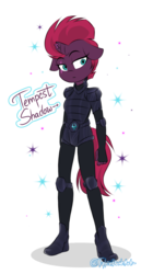 Size: 872x1557 | Tagged: safe, artist:tylerdashart, tempest shadow, unicorn, anthro, plantigrade anthro, g4, armor, broken horn, eye scar, female, floppy ears, horn, mare, scar, solo