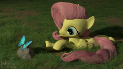 Size: 1920x1080 | Tagged: safe, artist:nebulafactory, fluttershy, butterfly, pegasus, pony, g4, 3d, blender, female, folded wings, grass, grass field, head tilt, looking at something, mare, open mouth, outdoors, prone, solo, wings
