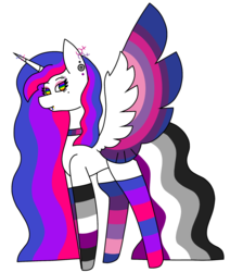 Size: 1744x2055 | Tagged: safe, artist:calibykitty, oc, oc only, alicorn, pony, alicorn oc, bisexual pride flag, clothes, colored wings, ear piercing, earring, eyeshadow, female, gay pride flag, horn ring, jewelry, lesbian pride flag, lgbt, makeup, mare, multicolored hair, multicolored iris, multicolored mane, multicolored tail, multicolored wings, pansexual pride flag, piercing, pink eyeshadow, pride, pride flag, rainbow eyes, simple background, socks, solo, striped socks, wavy hair, white background
