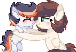 Size: 732x501 | Tagged: safe, artist:moon-rose-rosie, oc, oc only, oc:shining ray, oc:theodosia, pegasus, pony, base used, colt, female, holding a pony, male, mare, offspring, parent:soarin', parent:spitfire, parents:soarinfire, red nosed, siblings, simple background, transparent background