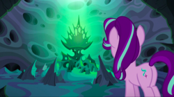 Size: 1440x809 | Tagged: safe, screencap, starlight glimmer, thorax, pony, unicorn, g4, to where and back again, butt, changeling hive, chrysalis' throne, disguise, disguised changeling, fake starlight glimmer, female, mare, plot, solo, throne