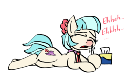 Size: 1131x706 | Tagged: safe, artist:graymist, coco pommel, earth pony, pony, g4, crying, lying down, mucus, pre sneeze, red nosed, sneezing, snot, teasing, tissue