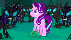 Size: 1440x810 | Tagged: safe, screencap, starlight glimmer, thorax, changeling, pony, unicorn, g4, to where and back again, armor, changeling armor, changeling guard, changeling slime, disguise, disguised changeling, fake starlight glimmer, female, mare, slime, stuck
