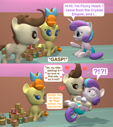 Size: 1920x2160 | Tagged: safe, artist:red4567, pound cake, princess flurry heart, pumpkin cake, pony, g4, 3d, alternate scenario, baby, baby pony, blocks, comic, exclamation point, female, foal romance, heart, holding a pony, implied tail hole, interrobang, male, pepe le pew, pumpkin cake is not amused, question mark, ship:poundflurry, shipping, source filmmaker, straight, tail, unamused