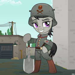 Size: 4600x4600 | Tagged: safe, artist:a4r91n, octavia melody, earth pony, pony, g4, absurd resolution, bandage, barbed wire, bipedal, clothes, cloud, female, german, grin, helmet, kriegtavia, looking away, mare, messy mane, military uniform, pose, shovel, sky, smiling, solo, stahlhelm, world war i