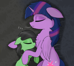 Size: 2000x1800 | Tagged: safe, alternate version, artist:shepardinthesky, twilight sparkle, oc, oc:filly anon, alicorn, earth pony, pony, g4, black background, chest fluff, cuddling, cute, duo, eyes closed, female, filly, mare, messy mane, mother and daughter, simple background, sleeping, snuggling, twilight sparkle (alicorn), zzz