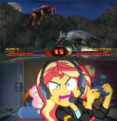 Size: 1920x1995 | Tagged: safe, edit, screencap, fluttershy, sunset shimmer, ankylosaurus, dinosaur, equestria girls, g4, game stream, my little pony equestria girls: better together, comparison, controller, dinosaurs, fight, frustrated, game, gamer sunset, headphones, jurassic park, meme, psycho gamer sunset, styracosaurus, sunset shimmer frustrated at game, sunset vs fluttershy, tell me what you need, warpath jurassic park