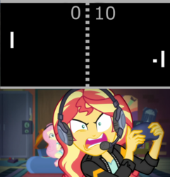 Size: 1920x1995 | Tagged: safe, edit, screencap, fluttershy, sunset shimmer, equestria girls, g4, game stream, my little pony equestria girls: better together, controller, frustrated, game, gamer sunset, headphones, meme, pong, psycho gamer sunset, sunset shimmer frustrated at game, tell me what you need