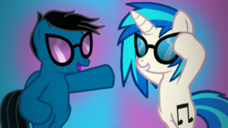 Size: 3840x2160 | Tagged: safe, artist:agkandphotomaker2000, dj pon-3, vinyl scratch, oc, oc:pony video maker, pegasus, pony, unicorn, g4, bipedal, canon x oc, duo, female, high res, interchange, male, open mouth, pointing, teeth, videoscratch, vinyl's glasses