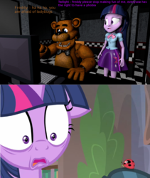 Size: 1920x2274 | Tagged: safe, artist:fazbearsparkle, edit, edited screencap, screencap, twilight sparkle, alicorn, ladybug, equestria girls, g4, interseason shorts, starlight the hypnotist, 3d, animatronic, coccinellidaephobia, crossover, five nights at freddy's, floppy ears, freddy fazbear, phobia, source filmmaker, twilight sparkle (alicorn)