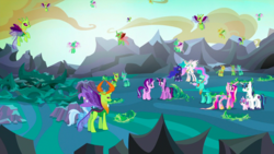 Size: 1440x810 | Tagged: safe, screencap, princess cadance, princess celestia, princess flurry heart, princess luna, shining armor, starlight glimmer, thorax, trixie, twilight sparkle, alicorn, changedling, changeling, pony, unicorn, g4, to where and back again, butt, changeling hive, changeling king, cocoon, ethereal mane, female, filly, foal, king thorax, male, mare, plot, royal sisters, rubble, stallion, twilight sparkle (alicorn)