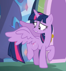 Size: 709x757 | Tagged: safe, screencap, twilight sparkle, alicorn, pony, father knows beast, g4, cropped, female, raised hoof, raised leg, solo, spread wings, twilight sparkle (alicorn), wings