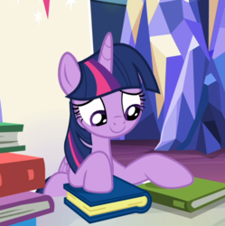 Size: 888x890 | Tagged: safe, screencap, twilight sparkle, alicorn, pony, father knows beast, g4, my little pony: friendship is magic, book, cropped, female, sitting, smiling, solo, twilight sparkle (alicorn)