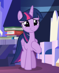 Size: 716x885 | Tagged: safe, screencap, twilight sparkle, alicorn, pony, father knows beast, g4, book, cropped, female, folded wings, happy, hoof on chest, indoors, smiling, solo, twilight sparkle (alicorn), wings