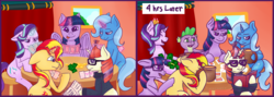 Size: 4000x1420 | Tagged: safe, artist:kiwiscribbles, moondancer, sci-twi, spike, starlight glimmer, sunset shimmer, trixie, twilight sparkle, alicorn, dragon, pony, unicorn, g4, book, card, cheating, counterparts, crown, equestria girls ponified, female, floppy ears, gambling, glasses, glowing horn, horn, jewelry, levitation, magic, magical quintet, male, mare, money, playing card, poker, regalia, sitting, smiling, telekinesis, tongue out, twilight sparkle (alicorn), twilight's counterparts, unicorn magic, unicorn sci-twi, wavy mouth